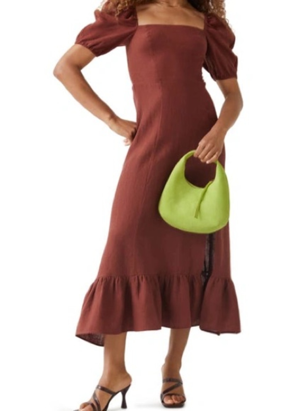 & Other Stories Linen Rust Red Puff-Sleeve Maxi Dress